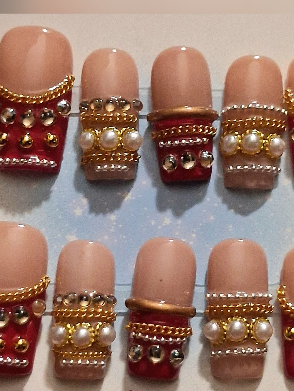 Nude & Red Pearl Accent Press-On Nails – Decorative Gold Trim. Size Medium.